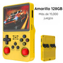Consola portátil retro amarilla 128GB, pantalla grande, más de 15,000 juegos, controles clásicos.
