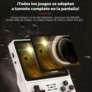 Consola portátil retro blanca mostrando juego en pantalla con botones de colores y fondo espacial.