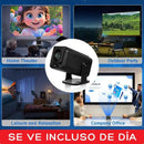 Mini proyector portátil negro para cine en casa, fiestas al aire libre, oficina y relajación, visible de día.