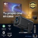 Proyector inteligente negro en sala, conexión WiFi, HDMI, Bluetooth, Android 13, cine en casa