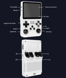Consola portátil blanca con botones, joystick, pantalla y etiquetas explicativas en español