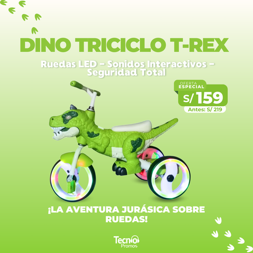 DINO T-REX TRICICLO 3 RUEDAS LLANTAS LED VERDE