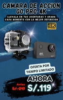 Cámara de acción Go Pro 4K Ultra HD negra, resistente al agua, oferta especial en Perú.