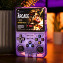 Consola portátil retro transparente morada, pantalla arcade, botones clásicos y juegos integrados.