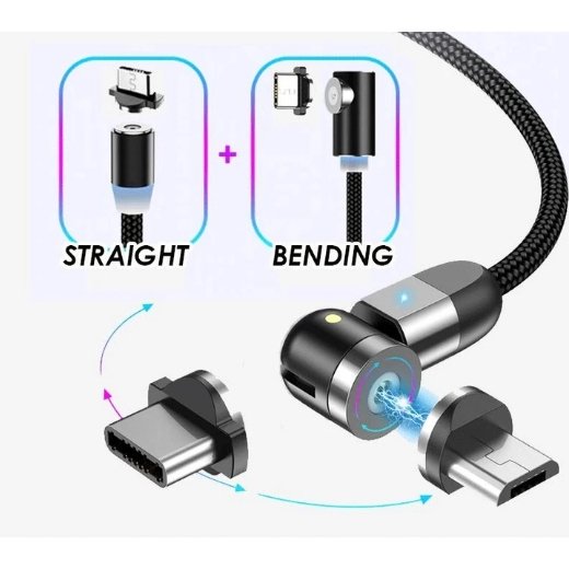 Cable de carga magnético, 3 en 1 magnético 360 cable de carga giratorio,  cargador magnético trenzado de nailon, para dispositivos micro USB, tipo C  e