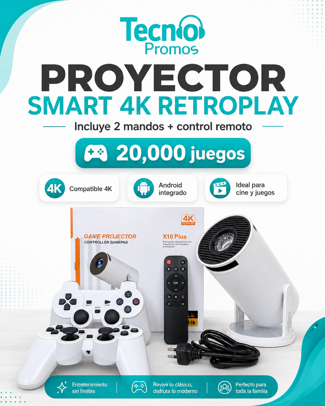 Proyector Smart 4K RetroPlay — 20,000 Juegos Incluidos
