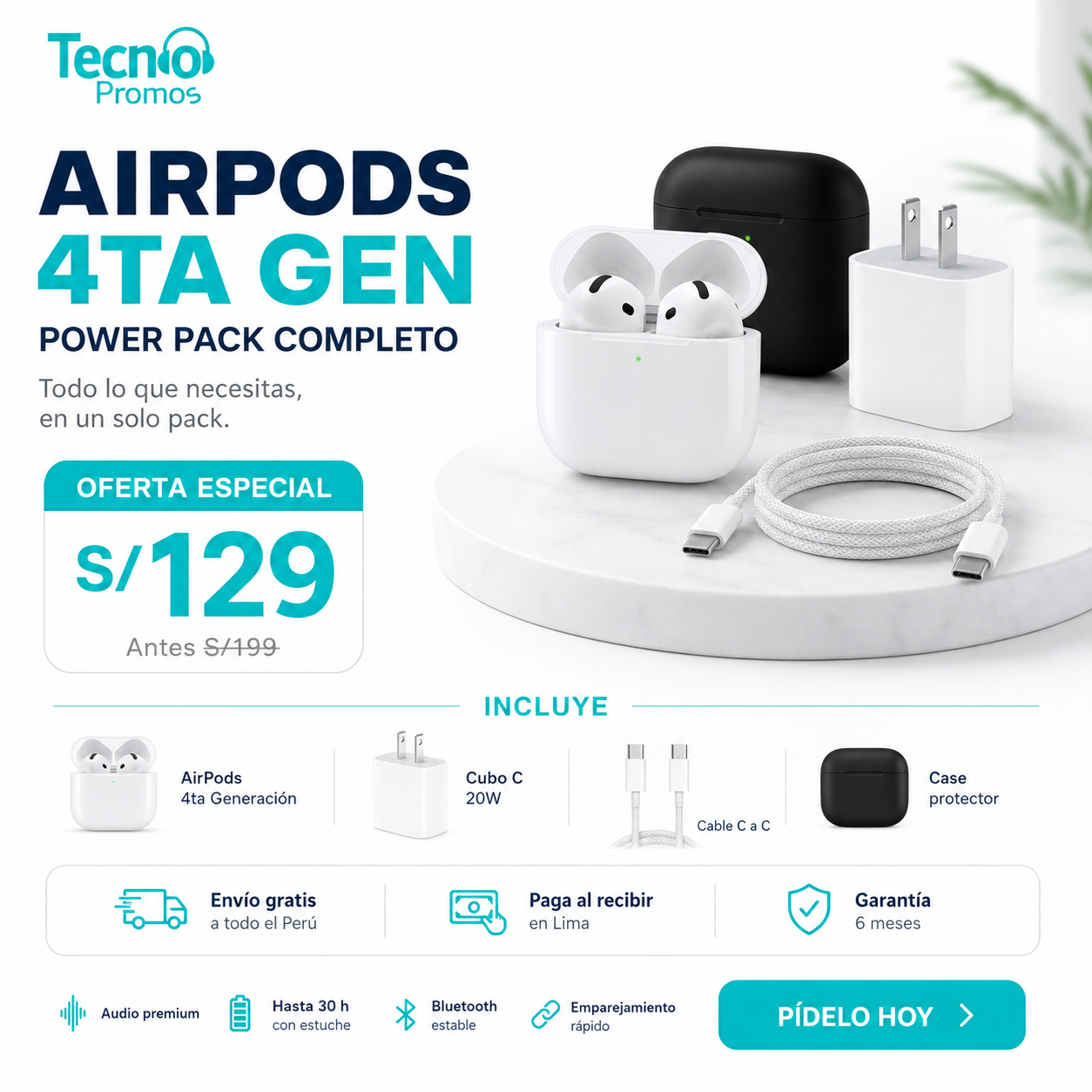AirPods 4ra Generación +Cubo C 20W+ Cable C a C + Case