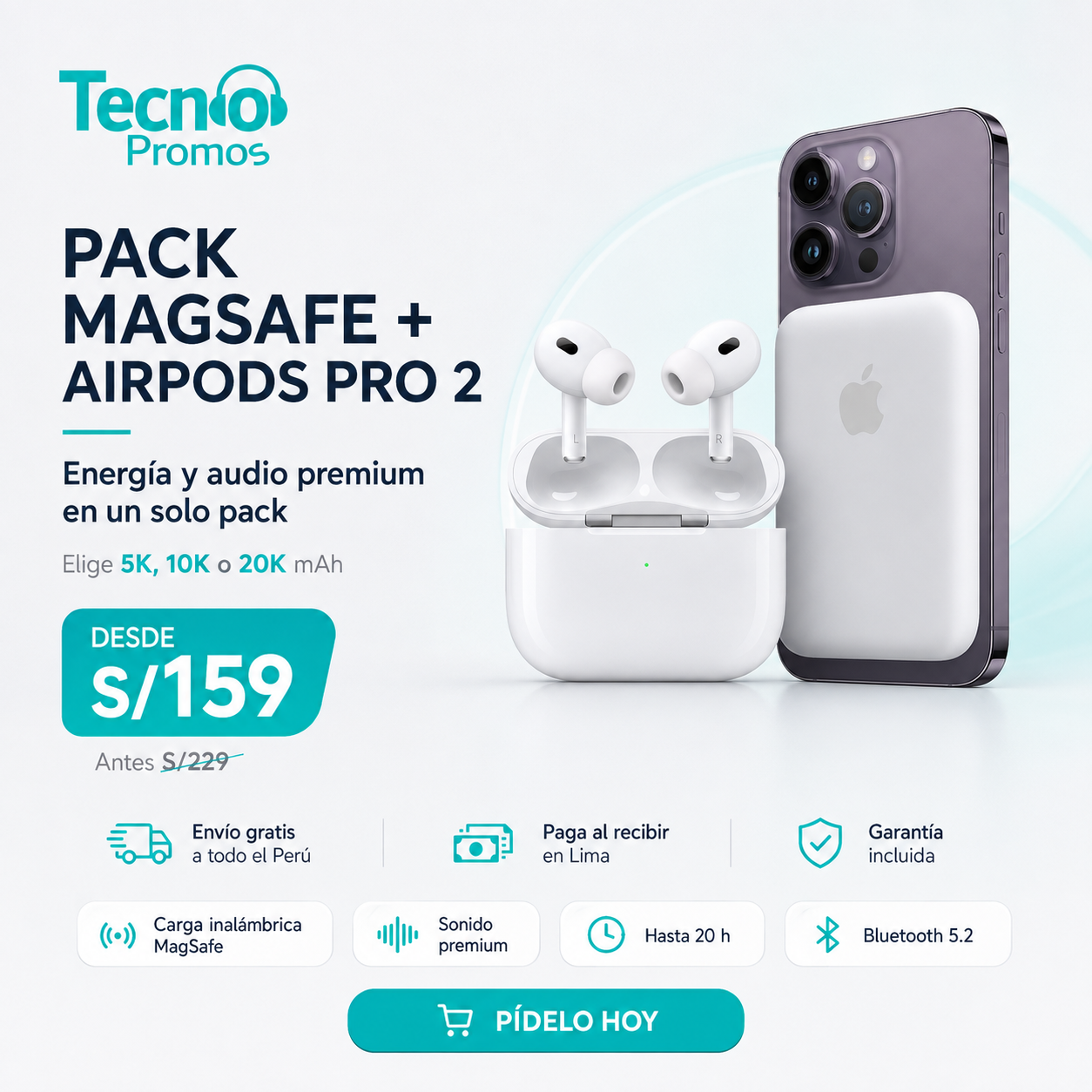 🔥 Pack MagSafe + AirPods Pro 2da Gen | Elige 5K, 10K o 20K mAh
