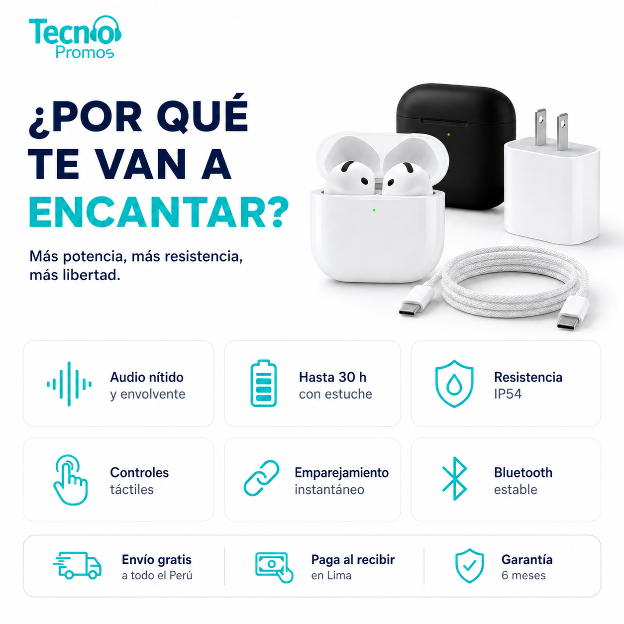 AirPods 4ra Generación +Cubo C 20W+ Cable C a C o C a Lightning + Case — foto 3