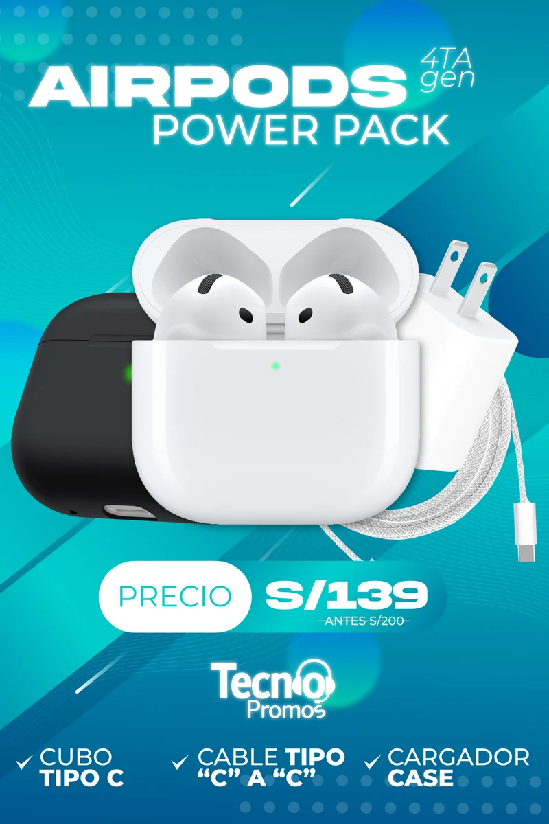 AirPods 4ra Generación +Cubo C + Cable C a C + Case