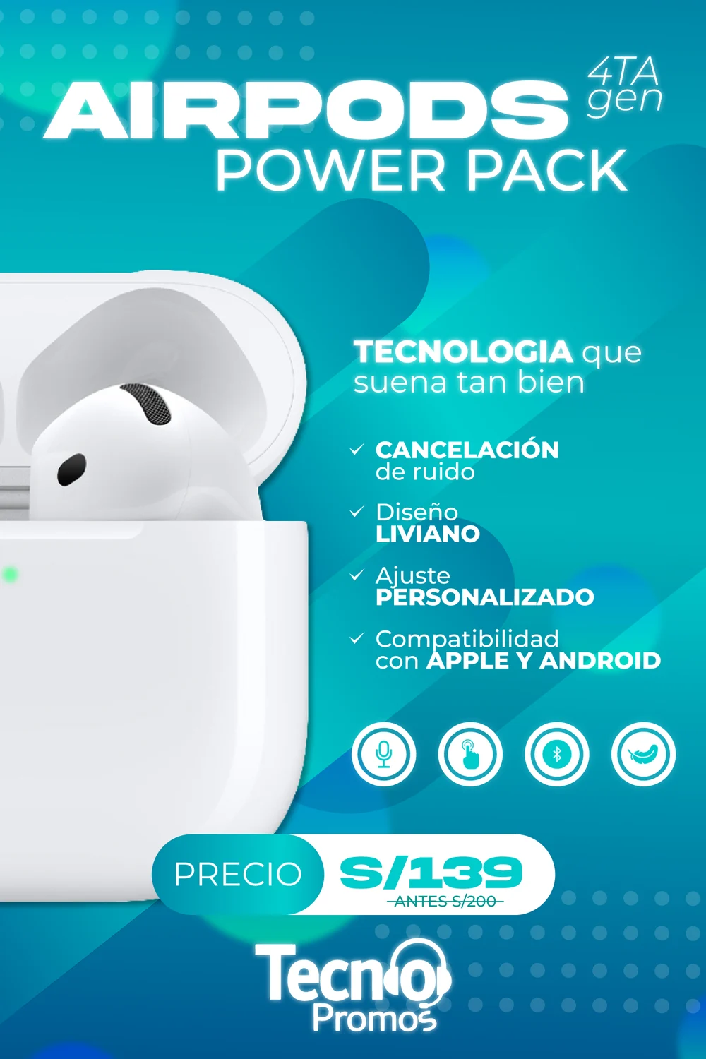 AirPods 4ra Generación +Cubo C 20W+ Cable C a C o C a Lightning + Case — foto 4